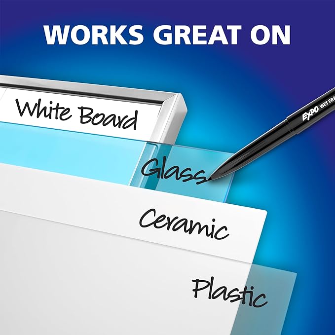 EXPO Wet Erase Markers, Semi-Permanent, Blue, Ultra Fine Tip, 12 Count - For Writing on Glass, Whiteboards, Mirrors, Calendar, Labeling, Organizing