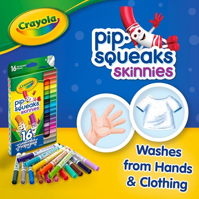 Crayola Pip Squeaks Skinnies Washable Marker Set (16ct), Essential Easter Basket Stuffers, Mini Markers for Toddlers, Thin Coloring Markers for Kids, Spring Crafts Supplies