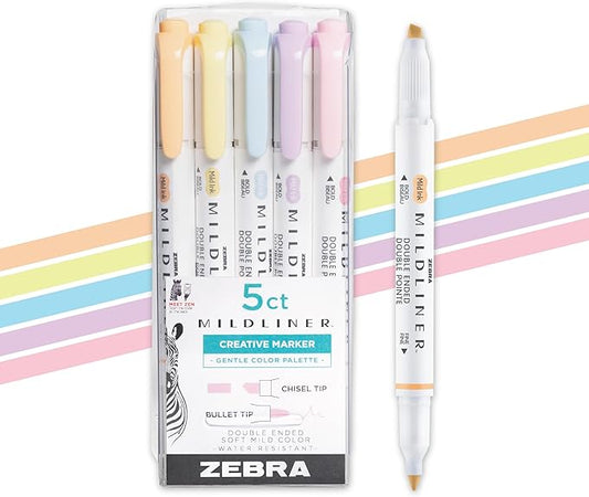 Zebra Pen Mildliner Dual-Tip Highlighter Set, Broad and Fine Point Tips, No Bleed, Ideal for Bible Highlighting, Journaling, School and Office Supplies, Assorted Gentle Ink Colors, 5-Pack (78705)