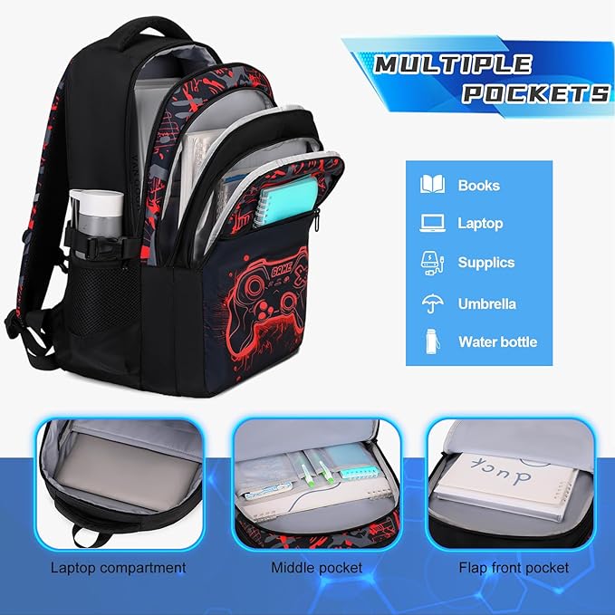 Boys Backpack for School, 3PCS Cool Luminous Gamer Backpack for Boys with Lunch Box Pencil Case, Kids Backpacks Bookbag for Teen Boy Elementary Middle High School with USB Charging Port