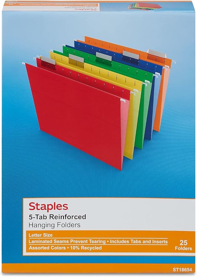 Staples Hanging File Folders, Letter Size, 1/5‑Cut Tabs, Assorted Colors, Includes Adjustable Tabs & Paper Inserts – 25/Pack