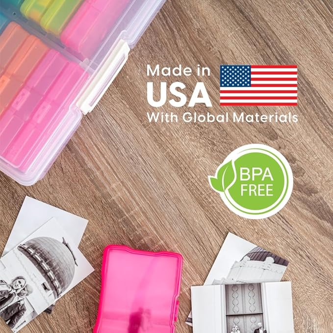 IRIS USA 4" x 6" Photo Storage Box Craft Keeper, 2-Pack, Transparent Handle Container with 16 Organization Holder Cases for Pictures, Tasks, Ephemera, Scrapbooking, Stationery, Multi-Color/Clear