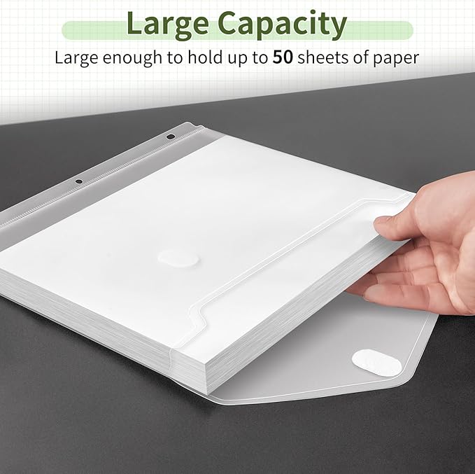 Sooez 48 Pack Binder Folders with Space-Saving Closure, Super Heavyweight Binder Pockets for 3 Ring Binder, High Capacity Clear Binder Pouch, Side Loading, 3 Ring Folders with Pockets, Letter Size