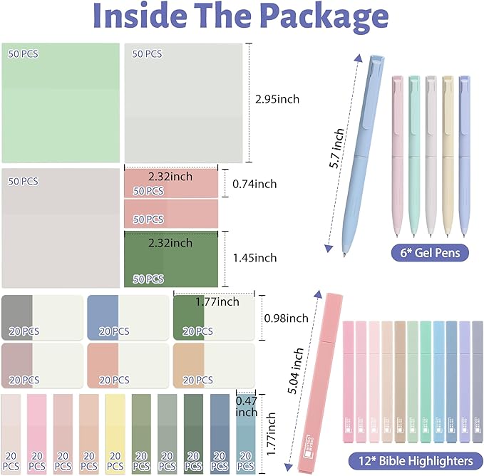 12 Pastel No Bleed Bible Highlighters and 6 Color Pens with 620 Sheets Transparent Sticky Notes, Bible Journaling Kit, Aesthetic Colored Labels for School Office Annotating Books Supplies