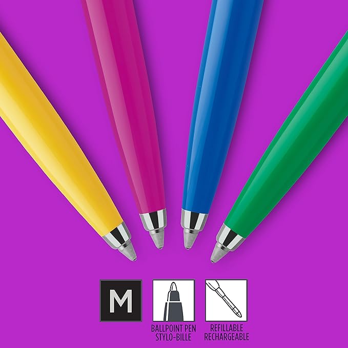Parker Jotter Originals Ballpoint Pen Collection, Assorted Retro Finishes, Medium Point, Black Ink, 4 Count - Colorful Stationary, Desk Essentials, Signature Design