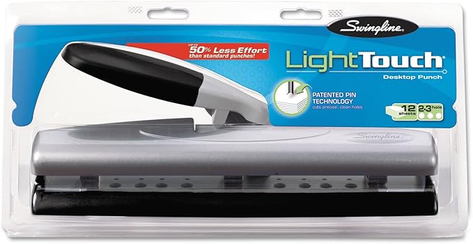 Swingline 74026 12-Sheet LightTouch Desktop Two-to-Three-Hole Punch, 9/32-Inch Holes, Black/Silver