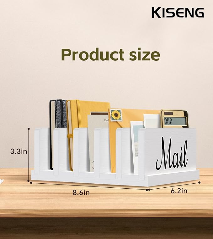 Mail Organizer for Desk,Wooden Mail Holder with Divider, 5-Slot Letter Sorter File Holder,Vertical Bill Organizer for Desktop Document/Notebook/Filing/Folders/Paper