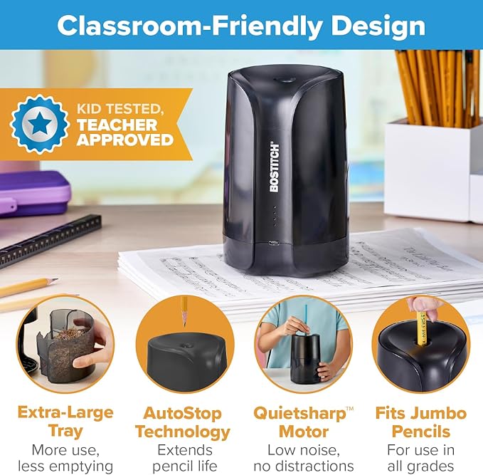 Bostitch Portable Rechargeable Battery Vertical Pencil Sharpener Helical Blade for No.2/Colored Pencils, Black