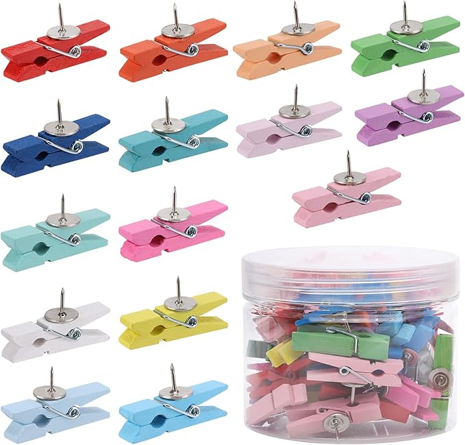 50Pcs Wooden Clips Push Pins Tacks for Cork Board Artwork for Crafts Arts Projects Photo Supplies(Colorful)