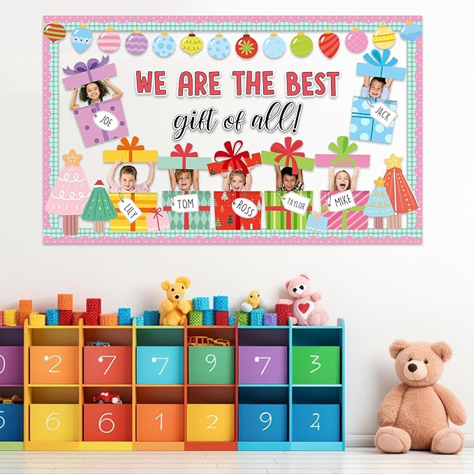Christmas Bulletin Board Set Christmas DIY Photo Craft Gift Boxes Bulletin Board Decoration We are The Best Gift of All Cutouts for Xmas Holiday Preschool Classroom Chalkboard Wall Door Decor