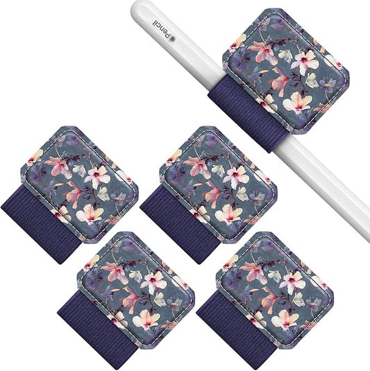 Fintie 4 Pack Pen Loop Holder for Apple Pencil Pro, Apple Pencil (USB-C / 1st / 2nd Generation) and Stylus Pens, Elastic Adhesive Leather Sleeve Attached to Cases, Blooming Hibiscus