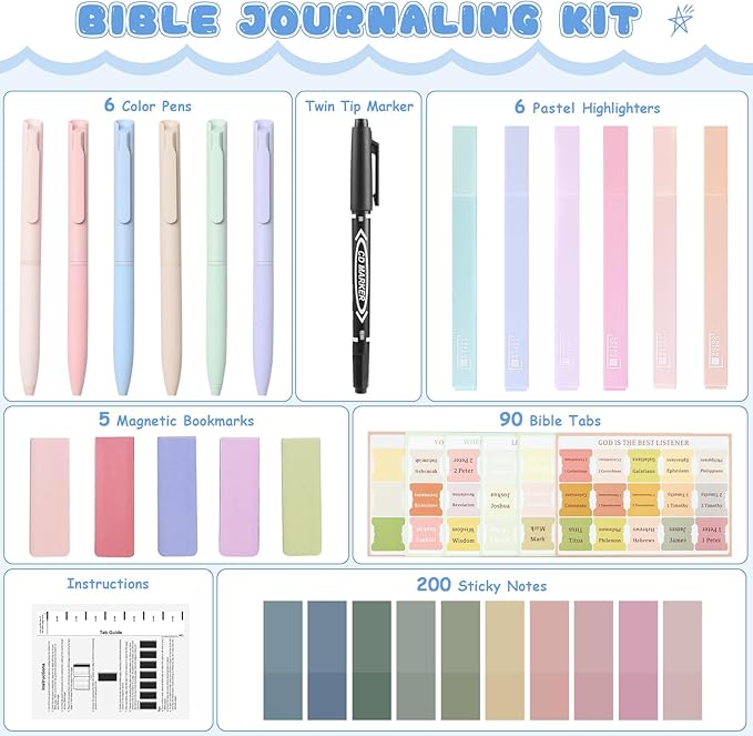 25Pcs Bible Journaling Kit, 6 No Bleed Bible Highlighters, 6 Color Pens, 90 Laminated Bible Tabs, Magnetic Bookmarks, Sticky Notes, Bible Study Supplies, Bible Study Kit for Women
