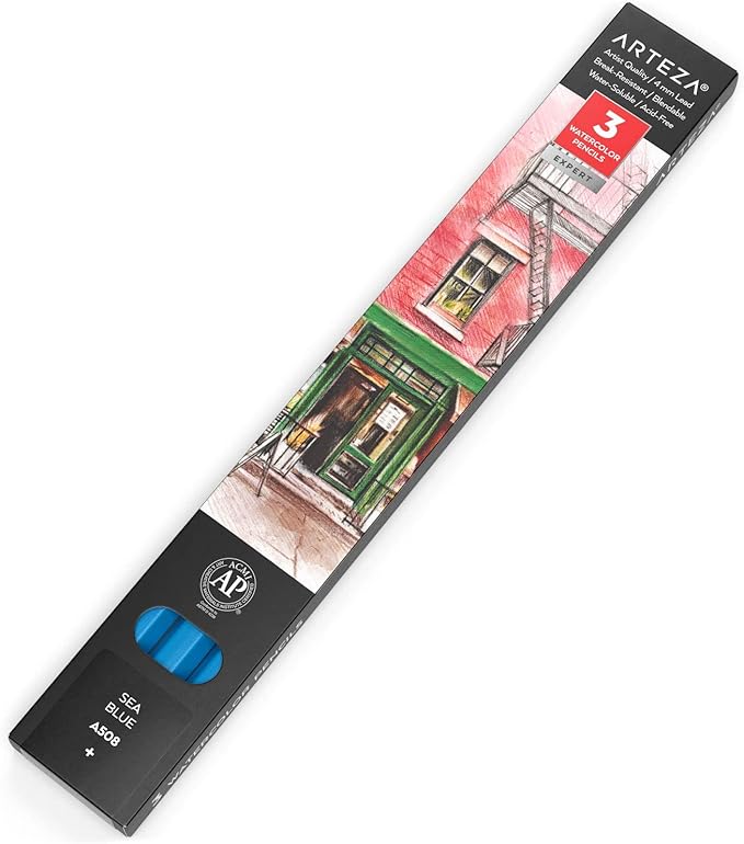 Arteza Professional Watercolor Pencils, Pack of 3, A508 Sea Blue, Water-Soluble Pencils for Coloring, Blending, Layering & Watercolor Techniques