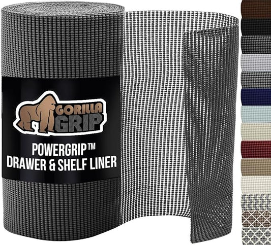GORILLA GRIP powerGRIP Drawer Shelf and Cabinet Liner, Thick Strong Hold, Non-Adhesive Liners Protect Kitchen Cabinets and Cupboard, Bathroom Drawers, Easy Install, Breathable Mat, 17.5" x20' Charcoal