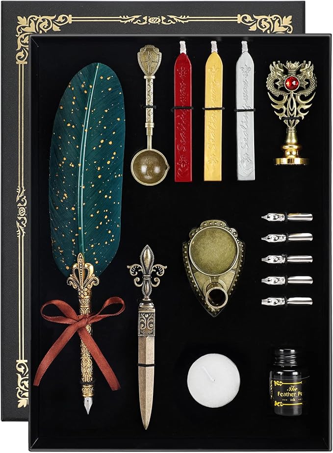 Quill Pen and Ink Set - Feather Calligraphy Dip Pen with Wax Seal Stamp Kit and 5 Nibs (Dark Green)