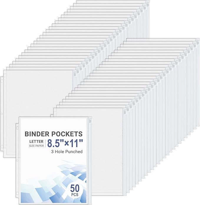 Antner 50pcs Letter Size Binder Pockets for 3 Ring Binder, White Zipper Document Organizer Pouches Heavyweight PVC 3-Hole Loose Leaf File Folders Page Sheet Protectors Side-Loading for Home Office