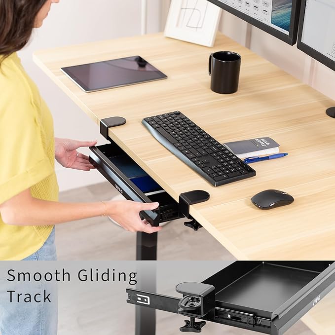 VIVO 16 inch Clamp-on Sliding Pull-out Under Table Drawer for Office Desk, Shallow Storage Organizer for Sit Stand Workstation, Black, DESK-DR2C