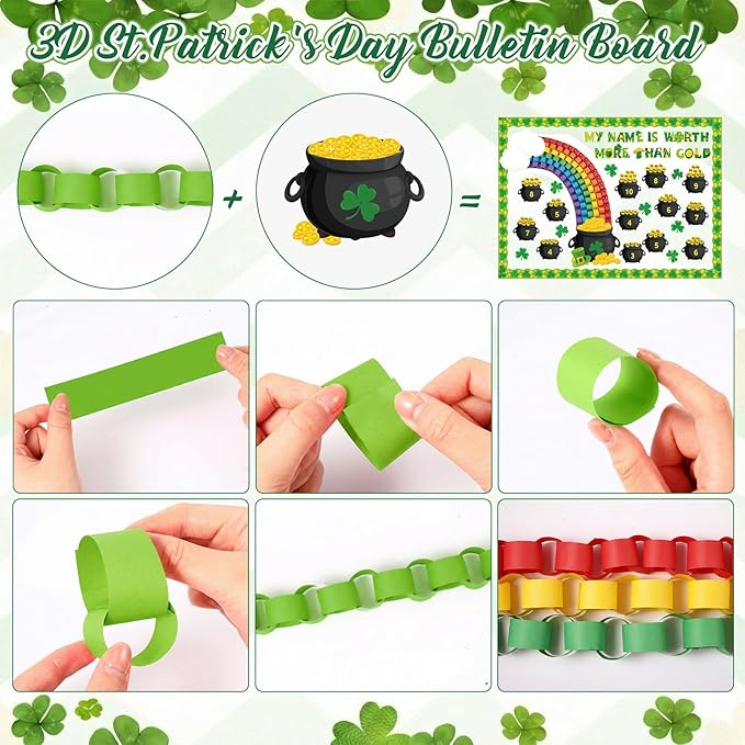 St. Patrick's Day Bulletin Board Shamrock Gold Coin Pot Paper Cutout Rainbow Clover Classroom Decor March Bulletin Board with Border for Irish Party Door Wall Classroom Home Office Supplies