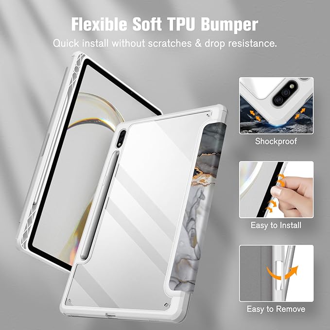 Fintie Hybrid Slim Case for Samsung Galaxy Tab S8/Tab S7 11 Inch (Model SM-X700/X706/T870/T875/T878) with S Pen Holder, Shockproof Cover with Clear Transparent Back Shell, Cloudy Marble
