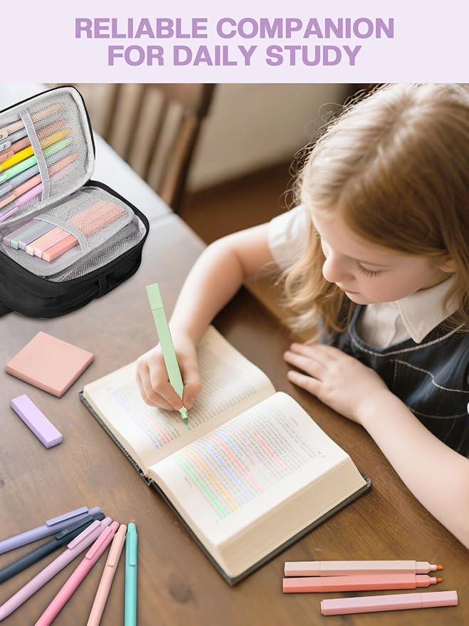 51 PCS Aesthetic School Supplies with Cute Pencil Case, 12 Pastel Highlighters, 8 Quick Dry Retractable Black Ink Pens, 6 Pastel Mechanical Pencil Student Stationary Bible Study Supplies (Black)