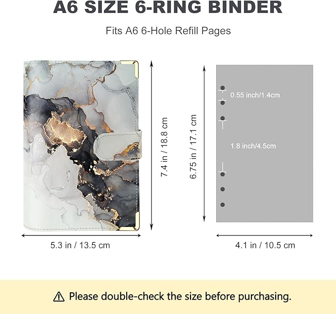 A6 Refillable 6 Ring Faux Leather Budget Binder,Mini Notebook Binder Cover for A6 Filler Paper,Loose Leaf Personal Planner Cover with Magnetic Buckle Closure (Marble White)