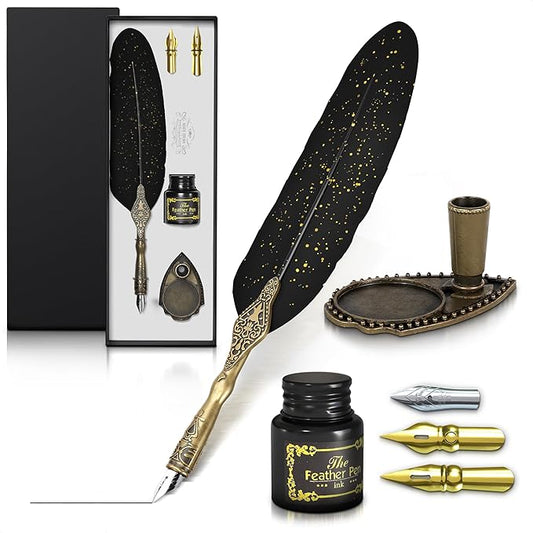 Black Feather Quill Pen and Ink Set – Feather Pen and Ink Set with Stainless Steel Nib & Stand for Practice, Drawing, Signatures & Vintage Decor – Designed for Calligraphy Beginners, Authors & Writers
