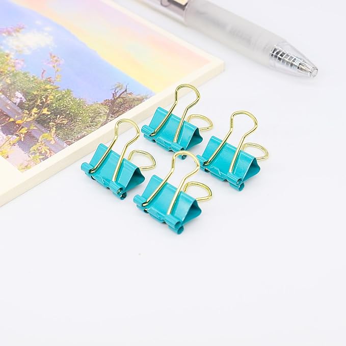 Binder Clips, Mini Paper Clip, Small Paper Clamps 15mm (5/8 inch), 100 Pack Micro Size Office Clips for Home School and Business (Blue-Green)