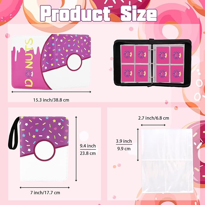 4 Pocket Card Binder 400 Card Holder Album, Pink Donut Trading Cards Holder Zipper Binder for Girl Teen Collection (Purple Donut, 400 Pocket)