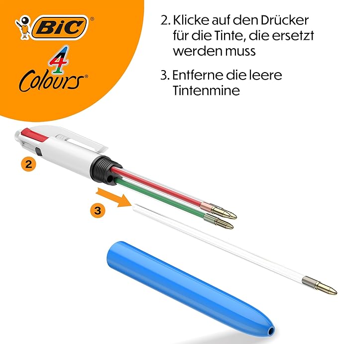 BIC 4 Colours Original Retractable Ballpoint Pens, Multi Coloured All in One, Green, Blue, Red, Black, 12 Pens Per Pack
