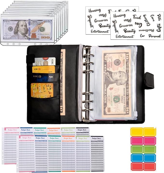 NICOOTHBudget Binder Cash Envelopes A6 Money Saving Binder with Zipper envelopes (Black)