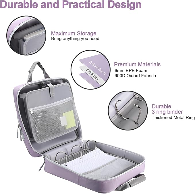 4 Inch 3 Ring Zipper Binder D-Ring, Binder with Strap 800 Sheet Capacity & Multi-Pockets School and Office Binder Organizer, Compatible with 13-Inch MacBook(Patent Design Purple)