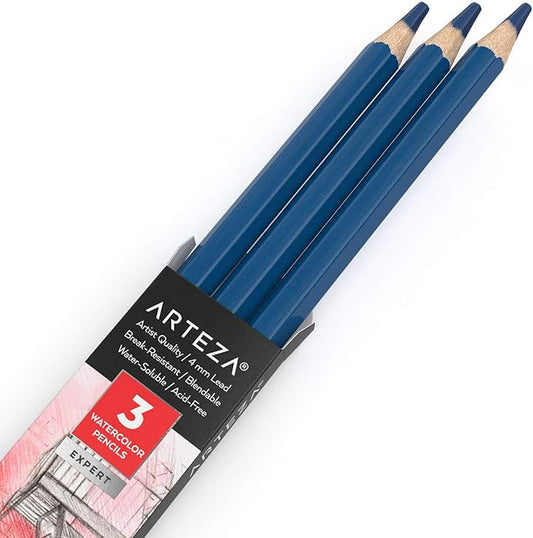 Arteza Professional Watercolor Pencils, Pack of 3, A500 Sky Blue, Water-Soluble Pencils for Coloring, Blending, Layering & Watercolor Techniques