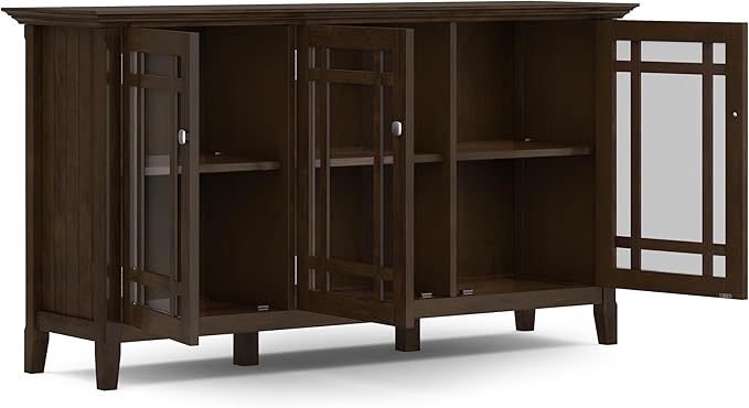 SIMPLIHOME Bedford Storage Cabinet - 62 inch Wide Solid Wood Sideboard Cabinet in Dark Tobacco Brown, Transitional Buffet for Living Room, Dining Room, or Entryway with Glass Doors and Shelves
