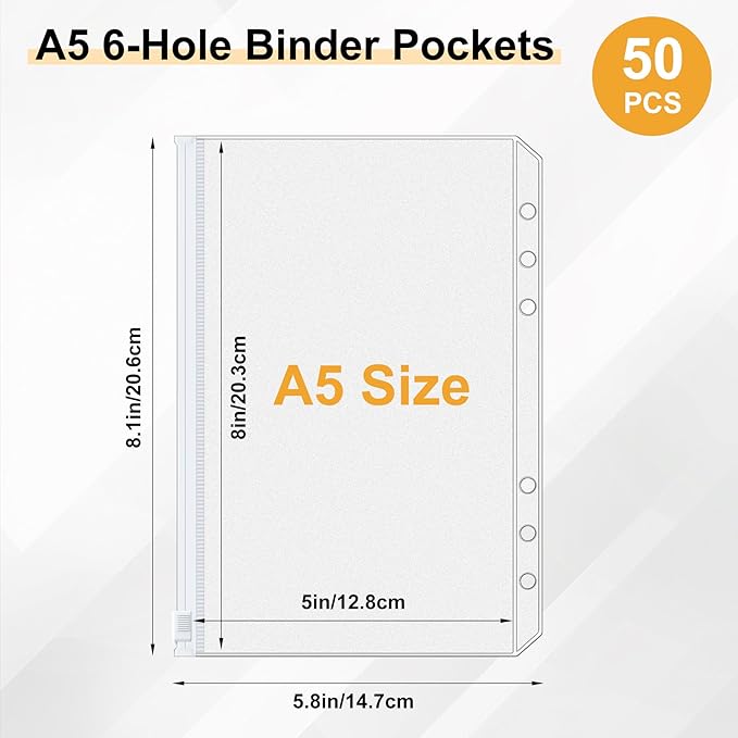 Antner 50pcs A5 Binder Pockets 6-Hole Budget Planner Inserts Cash Stuffing Envelopes for Money Organizer, White Zipper Pouch Folders Waterproof PVC Loose Leaf Filling Bags for A5 6-Ring Savings Binder