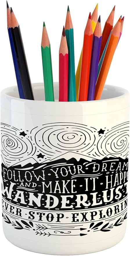 Ambesonne Saying Pencil Pen Holder, Vintage Motif Follow Your Dream Make It Happen Never Stop Exploring Monochrome, Ceramic Pencil Holder for Desk Office Accessory, 3.6" X 3.2", White and Black