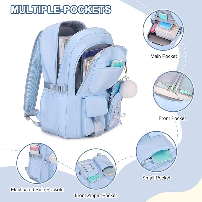 Backpacks for Girls, Girls Backpack with Lunch Box & Pencil Pouch for Teens Girl Kids Elementary Middle High School College Student Bookbag Daypack Laptop Travel Backpack for Women (Blue)