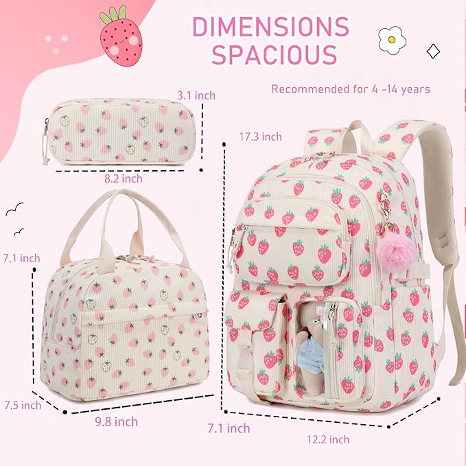 Corduroy Strawberry Backpack for Girls Teens School Bookbag with Lunch Box Pencil Case Laptop Sleeve Elementary Middle School Bag, Straberry-Pink