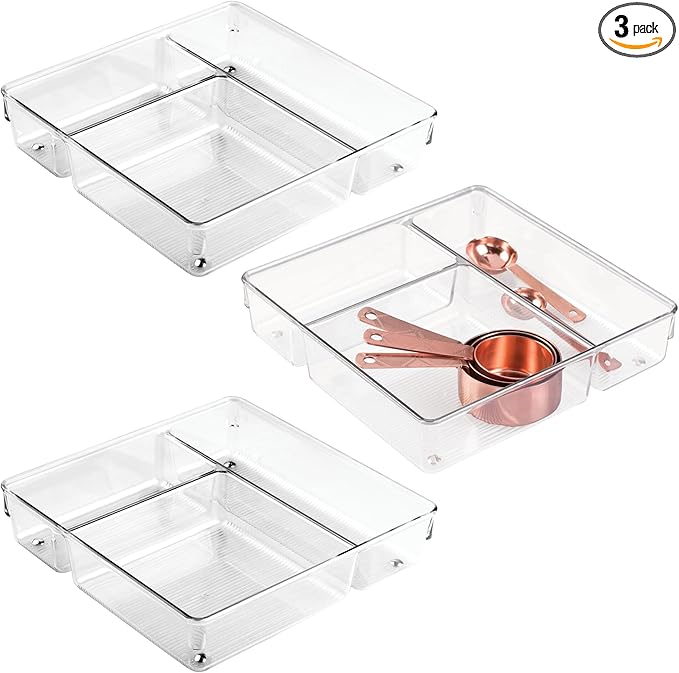iDesign 3-Section Drawer Organizer for Kitchen, Bathroom, and Desk Drawers - Set of 3 - Clear
