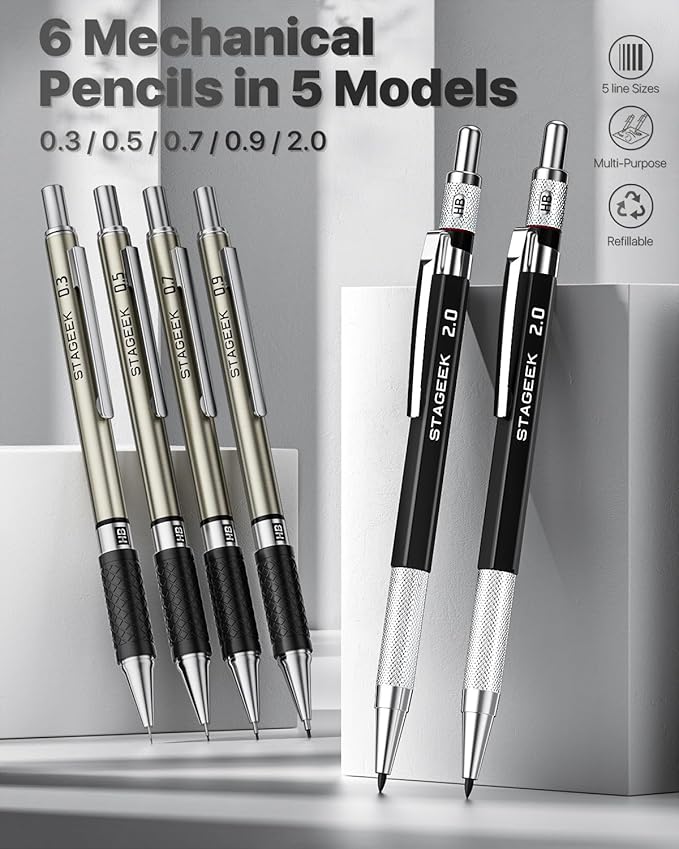 Mechanical Pencil Set with Case 37 Count, Drawing Pencils 0.3, 0.5, 0.7, 0.9MM & 2PCS 2MM Sketching Pencils with 492PCS Lead Refills (6B 4B 2B HB 2H 4H Color) for Artist Drafting Drawing