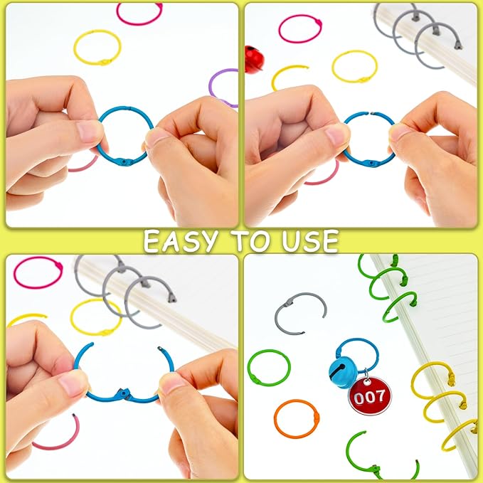 AKONEGE 1 1/5 Inch Colorful Loose Leaf Binder Rings (100 Pack) Metal Office Book Rings Paper Rings for Index Cards Flashcards Notebook, Keychain Key Rings Binder Rings for Office School Home, 10Colors