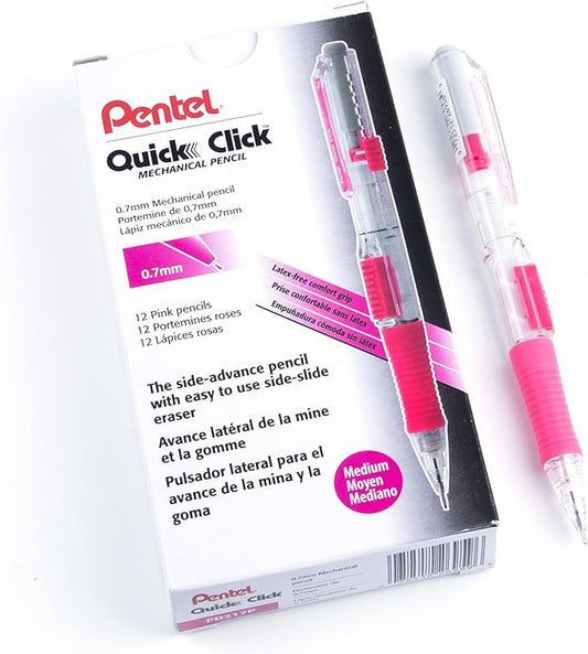 Pentel QUICK CLICK Mechanical Pencil (0.7mm), Pink Barrel, Box of 12 Pencils (PD217P)