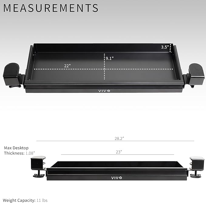 VIVO 22 inch Clamp-on Sliding Pull-Out Under Table Drawer for Office Desk, Shallow Storage Organizer for Sit Stand Workstation, Black, DESK-DR22L