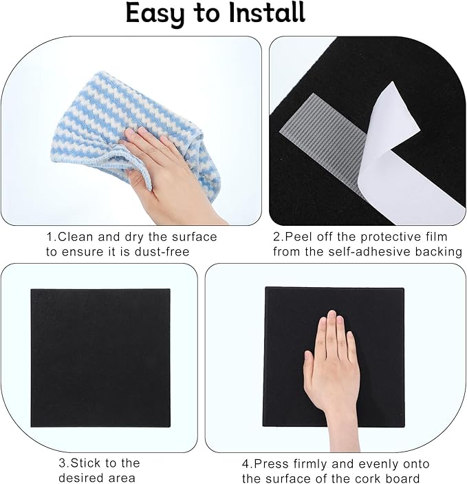Large Cork Board 28" x 19", 6 Pack Felt Bulletin Board with Pushpins, Cork Boards Alternative with Self-Adhesive Strips, Felt Wall Tiles Pin Boards for Walls Office Home School Decor-Black