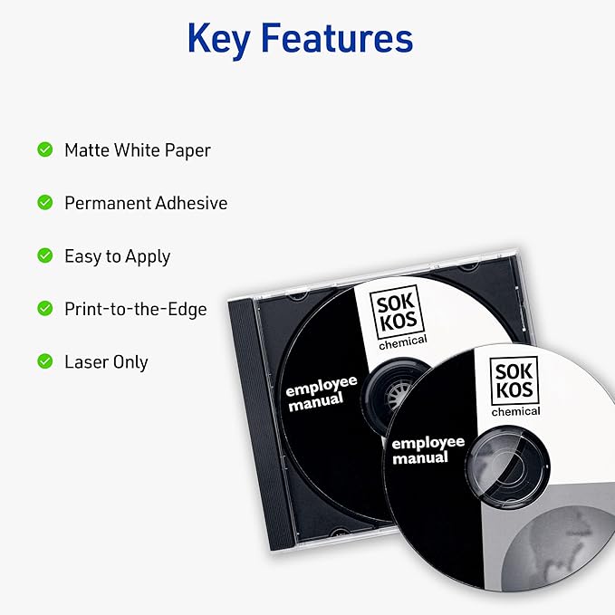 Avery Printable CD Labels, Matte White, Permanent Adhesive, Laser Printer Compatible, 250 Disc & 500 Spine Labels, Ideal for DVDs, PC Discs, Media Projects & More (5697)