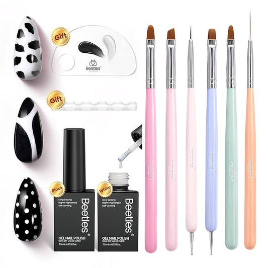 Beetles White Gel Nail Polish Black Gel Polish with Nail Art Brushes Set, 6 Pcs Nails Art Pens Dotting Pen Clean Up Liner French Nails Tools with Palette Brush Holder DIY Manicure Design Set