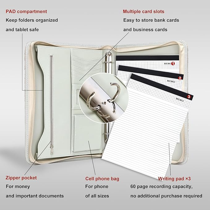 Leathario Portfolio Binder, Includes 5 Folder Index Dividers and 3 Notepads, 3-Ring Folder Organizer, Padfolio with Zipper, Vegan Leather Tablet Sleeve, Business Office Conference Clipboards