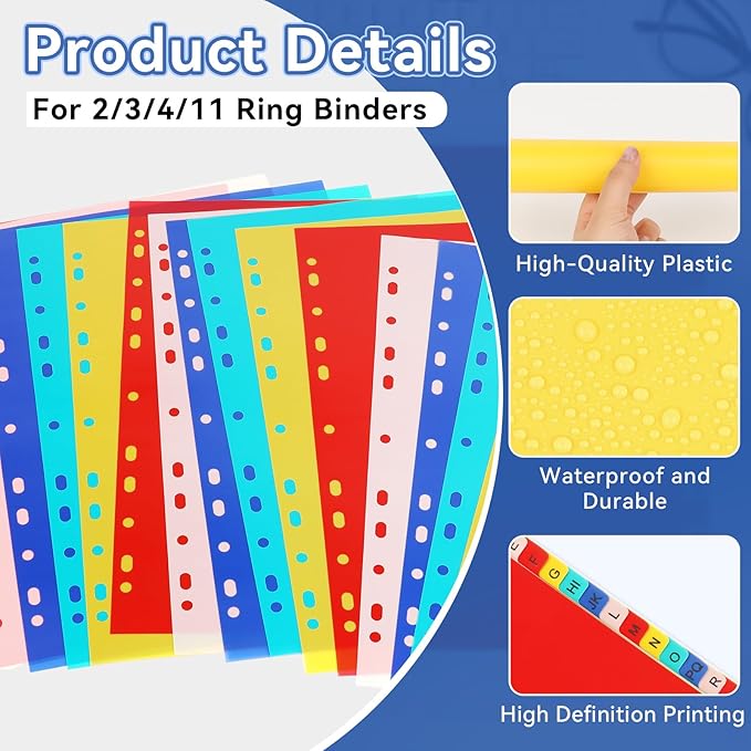 A-Z Plastic Binder Dividers 21 Tab, Alphabet Dividers with Tabs for 3 Ring, Multicolor Alphabetical Divider for 2/3/4/11 Ring Binders, Letter Size 8.2×11.6 Inch