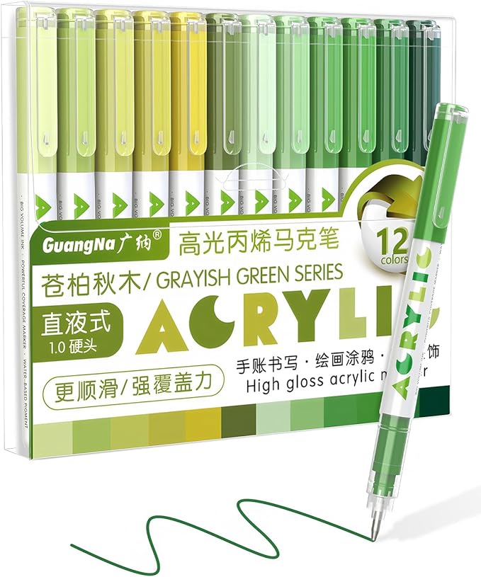 Guangna Green Acrylic Gel Pens 12 Color, Colored Pens for Journaling, Coloring Books, Calligraphy, Note Taking & DIY Crafts, RollerBall Pen Tip