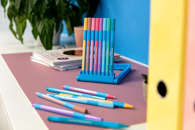 Schneider Slider Edge Pastel XB (Extra Broad) Ballpoint Pen, 1.4 mm, Light Blue Barrel, Assorted Ink Colors, Adjustable Case Stand of 8 Pens (152289)