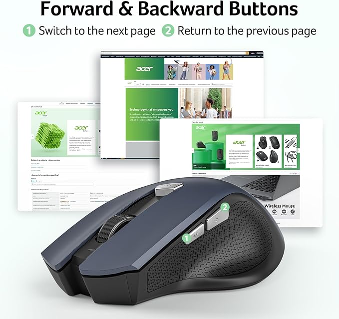 acer Wireless Mouse for Laptop, 2.4GHz Computer Mouse 3 Adjustable DPI Office Cordless USB Mice with USBA Receiver, 6 Buttons, 1600 DPI, Medium to Large Sized Hands Compatible with PC, Laptop, Desktop